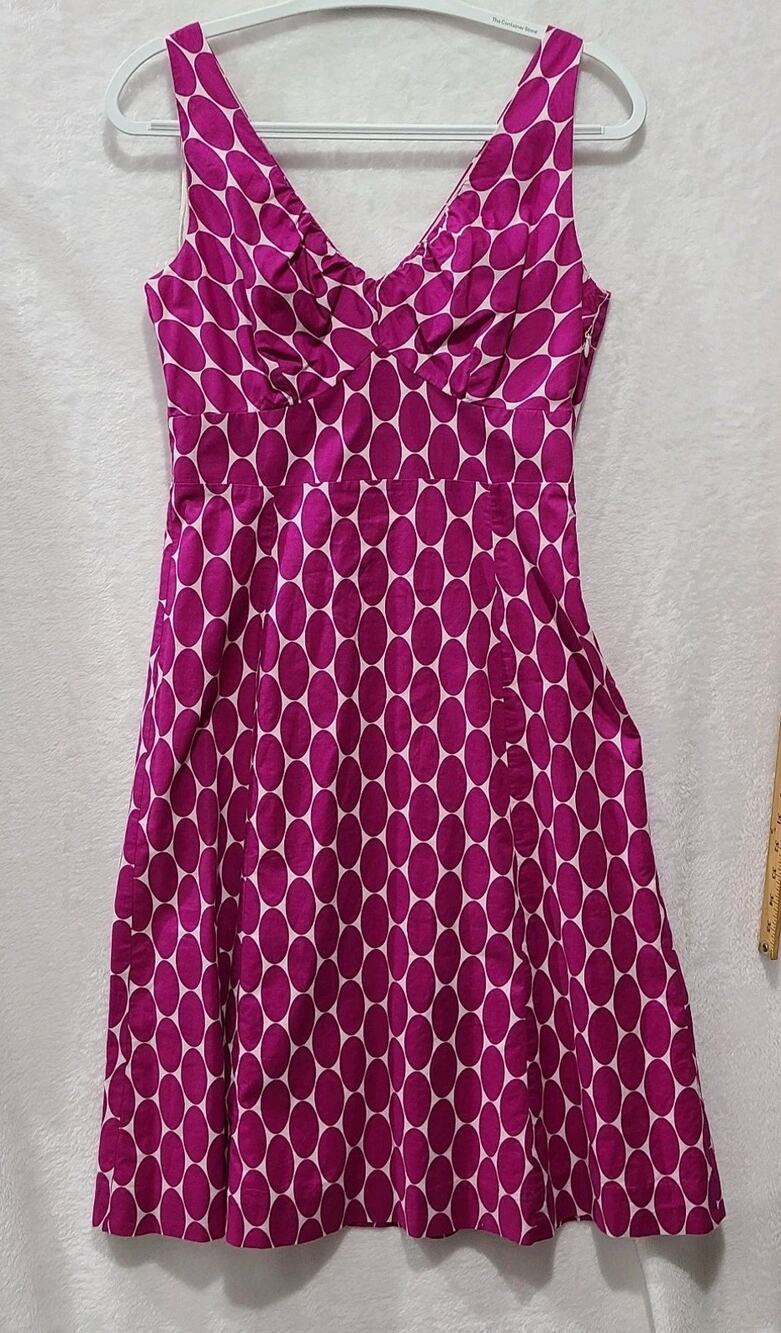 Boden Riviera Dress Fuchsia White Geometric Dot V-Neck Cotton Size 10R